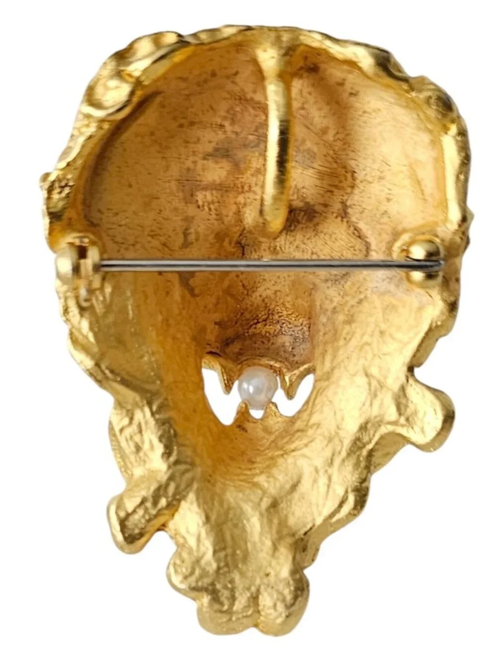 Lion Brooch Gold Tone, Red Glass Eyes, Faux Pearl, Pendant Pin L467